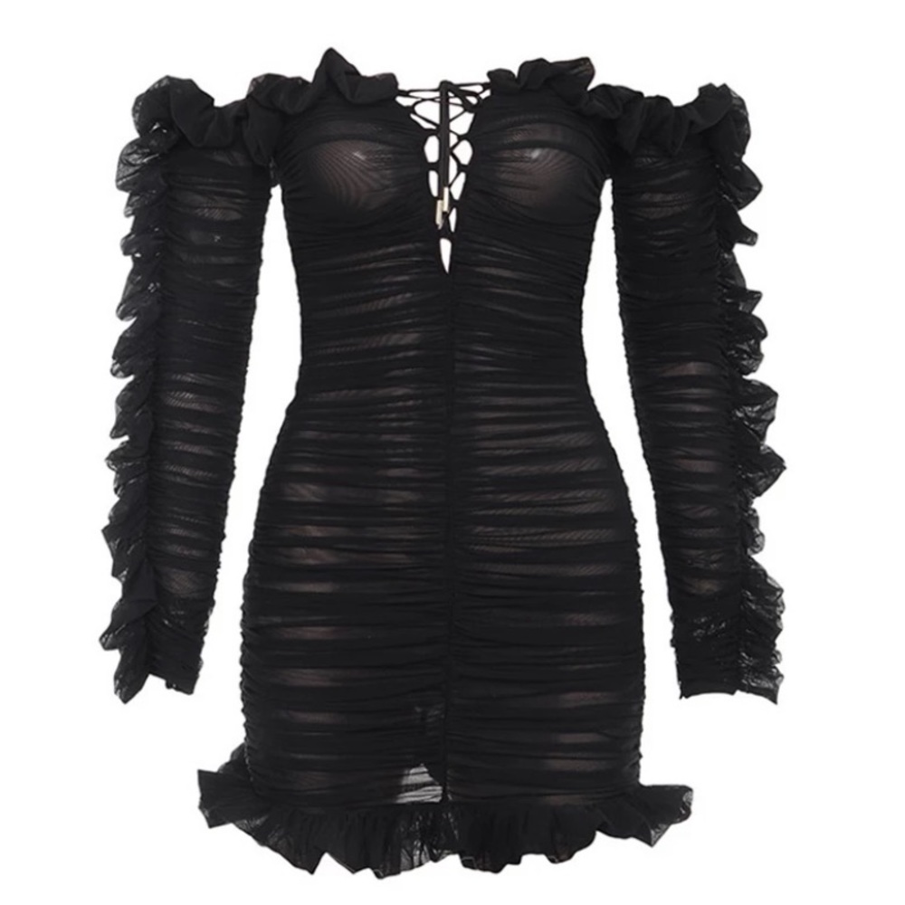 Black Mesh Off-Shoulder runched dress